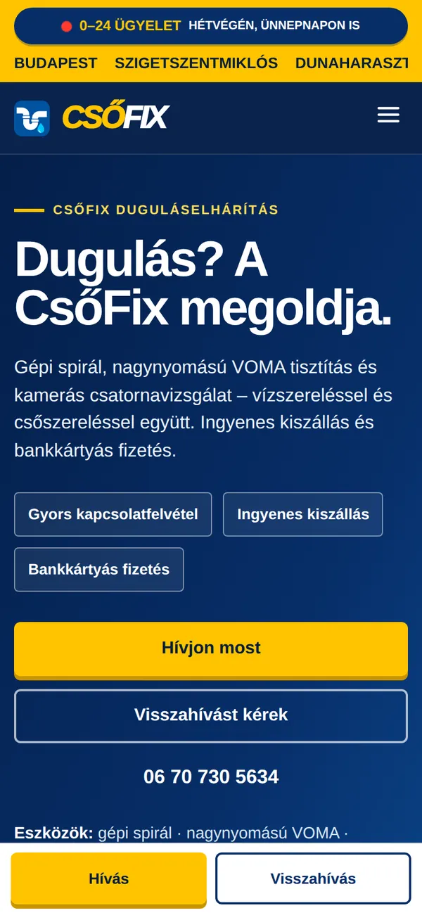 A(z) CsőFix weboldala mobilon