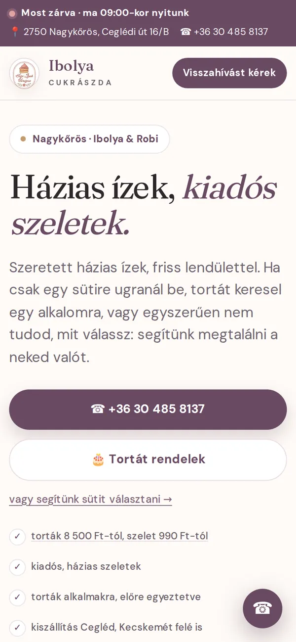 A(z) Ibolya Cukrászda weboldala mobilon