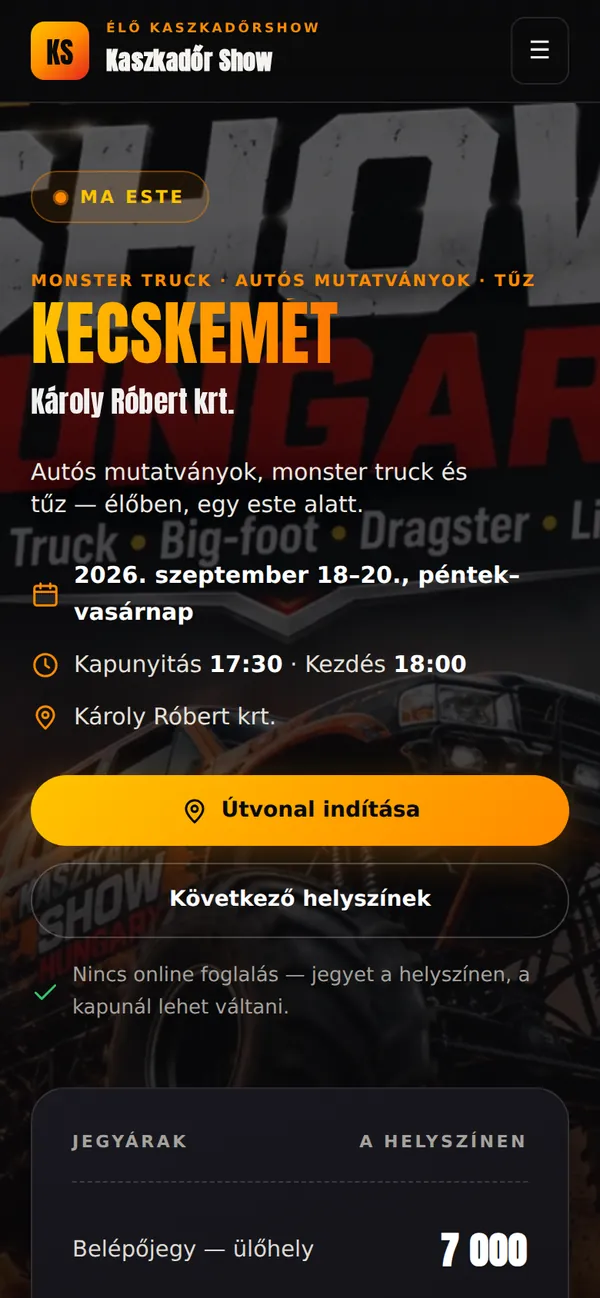 A(z) Kaszkadőr Show weboldala mobilon