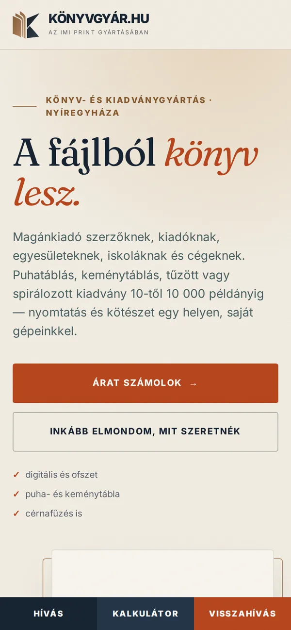 A(z) Könyvgyár weboldala mobilon